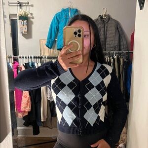 Brandy Melville Navy and Light Blue Argyle Cardigan